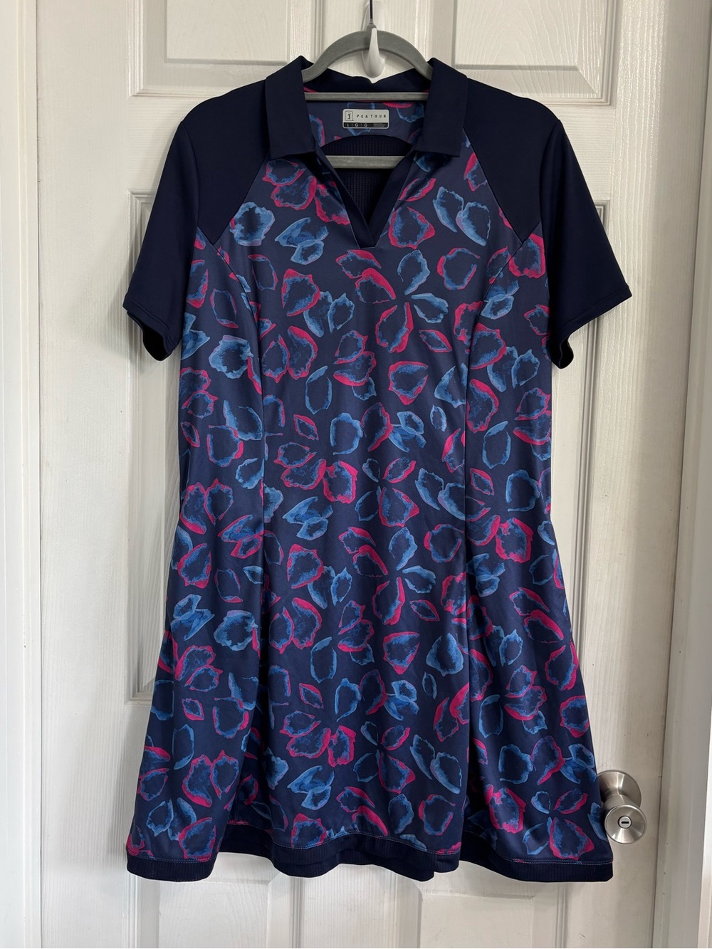 PGA Tour Navy Blue & Pink Floral Mini Dress Short Sleeve Vented V-Neck Large